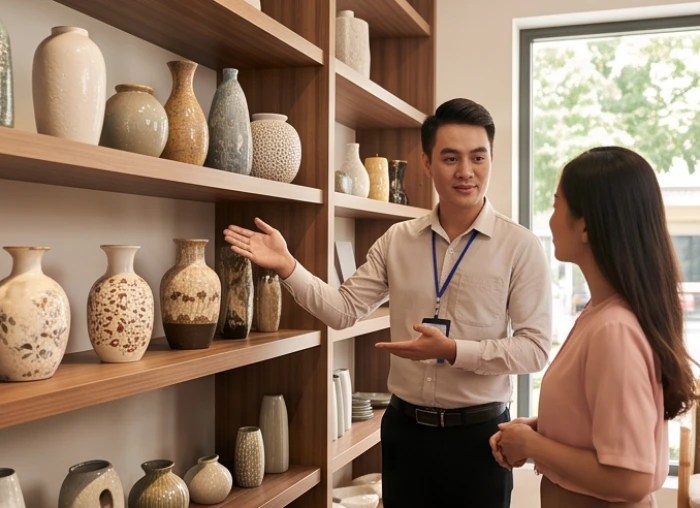 Nhân viên bán hàng đang tỉ mỉ tư vấn các sản phẩm gốm sứ trang trí nội thất cho khách hàng