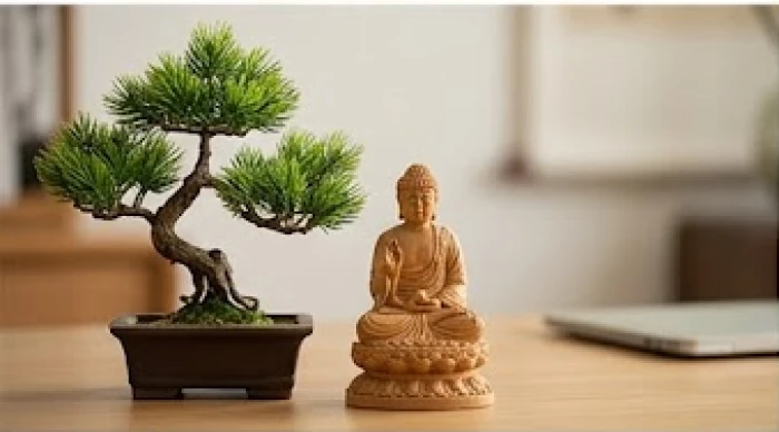 Bức tượng Phật nhỏ bằng gỗ đàn hương đặt cạnh chậu cây bonsai tùng la hán trên bàn làm việc