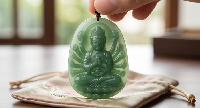 Mặt phật bản mệnh tuổi tý Thiên Thủ Thiên Nhãn chạm khắc nghìn tay nghìn mắt từ đá cẩm thạch xanh tự nhiên