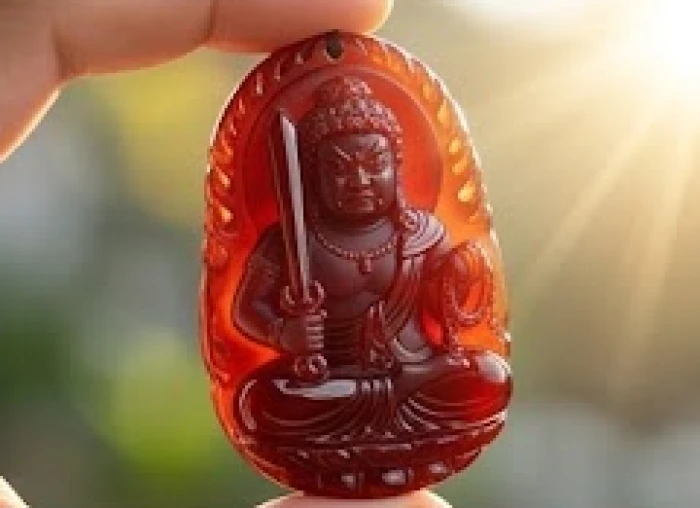Viên đá mã não đỏ chạm khắc mặt Phật Bất Động Minh Vương bóng mịn hiển thị sắc đỏ trầm dưới ánh sáng tự nhiên