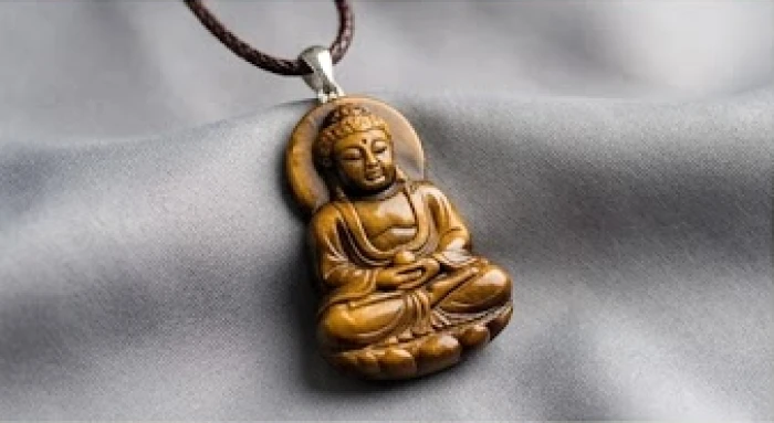 Mặt dây chuyền Phật bản mệnh làm từ đá mắt hổ vàng nâu nổi bật dưới ánh sáng