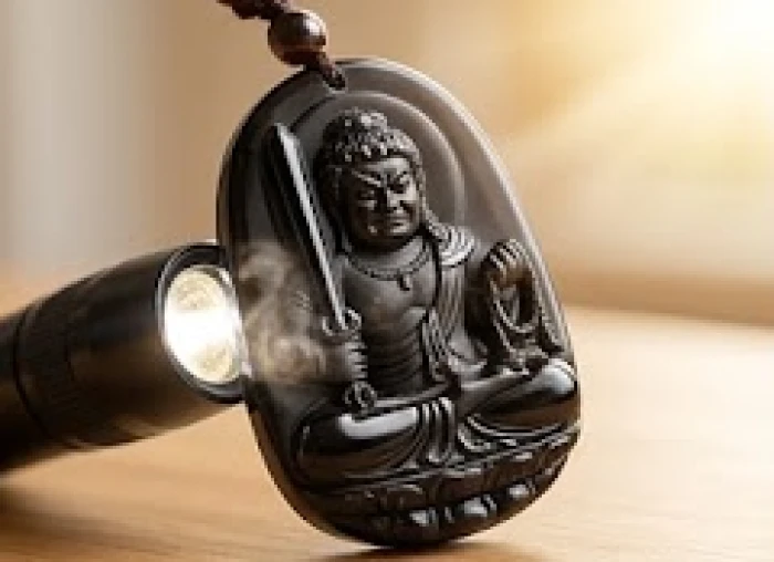 Mặt Phật Bất Động Minh Vương bằng đá Obsidian đen tuyền được soi ánh đèn pin để chiếu rõ các đường vân mây tự nhiên