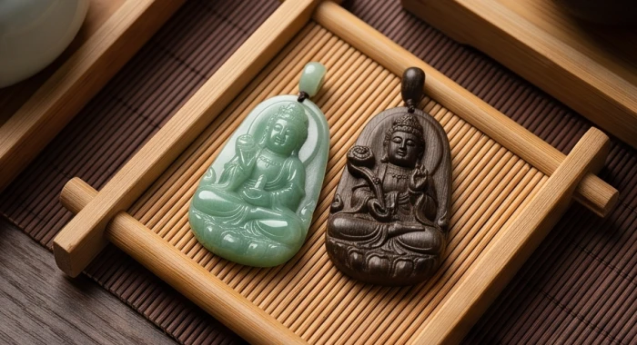 Hai mẫu mặt phật bản mệnh chạm khắc bằng ngọc bích tự nhiên và gỗ trầm hương đặt cạnh nhau trên bàn trà phong thủy
