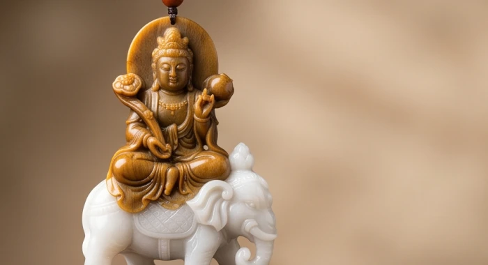 Tôn tượng mặt Phổ Hiền Bồ Tát cưỡi voi trắng sáu ngà tay cầm ngọc như ý chạm khắc trên đá tự nhiên tinh xảo
