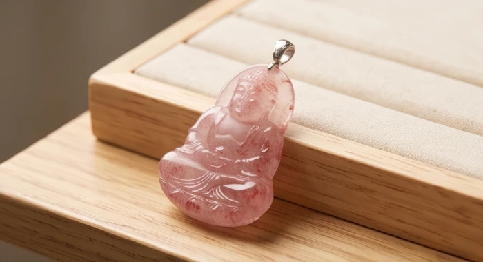 Mặt phật a di đà chạm khắc trên thạch anh dâu tây mang màu hồng ấm áp dành cho người mệnh hỏa