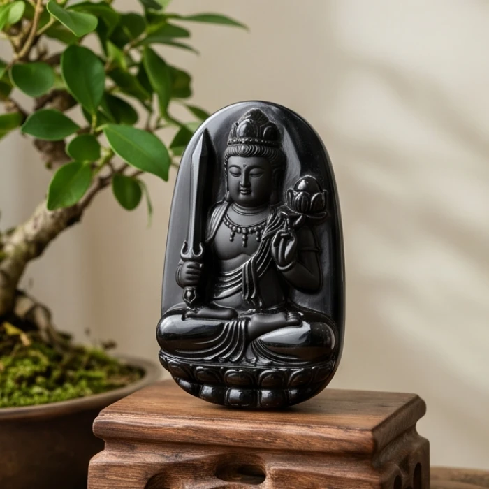 Mặt đá phật Hư Không Tạng Bồ Tát màu đen tuyền sang trọng hợp mệnh Mộc cho tuổi Canh Dần