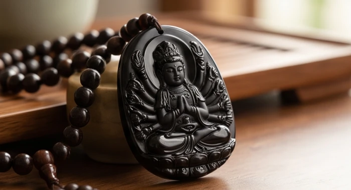 Mặt phật bản mệnh tuổi tý đá Obsidian đen sáng bóng với đường vân tự nhiên dành cho người mệnh Thủy