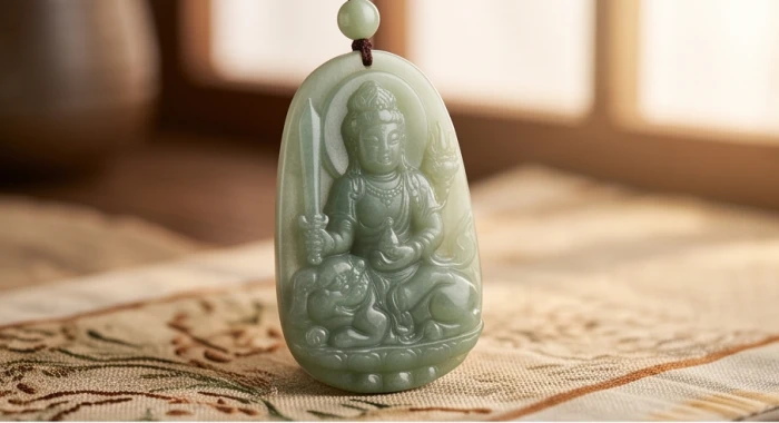 Mặt dây chuyền Văn Thù Bồ Tát chạm khắc uy nghiêm tay cầm thanh kiếm trí tuệ ngự trên lưng sư tử