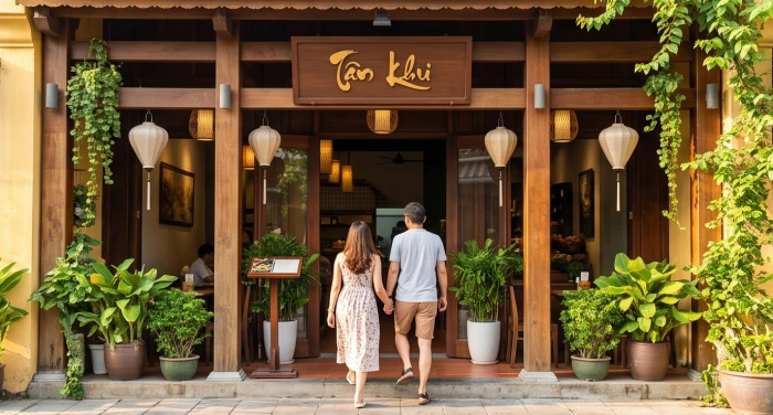Mặt tiền của một nhà hàng ẩm thực ấm cúng mở cửa đón ánh nắng chan hòa từ hướng Nam