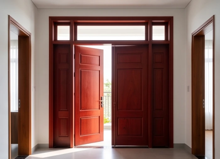 Cửa chính bằng gỗ gõ đỏ mở rộng đón ánh nắng buổi sáng từ hướng Đông, mang lại sự bình an cho nữ gia chủ Đinh Mùi
