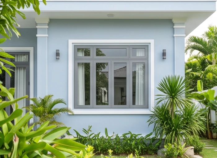 Mặt tiền ngôi nhà hiện đại sơn màu xanh da trời nhạt kết hợp khung viền xám sáng cho nam mạng cung Khảm