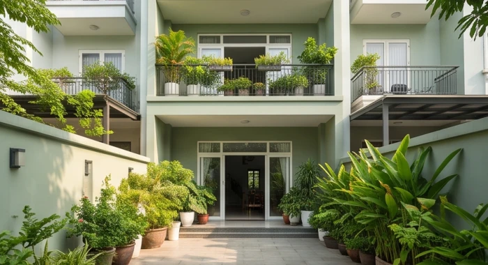 Mặt tiền ngôi nhà phố biệt thự phối màu xanh lá cây điểm xuyết cây xanh sân vườn hài hòa cho mệnh Mộc
