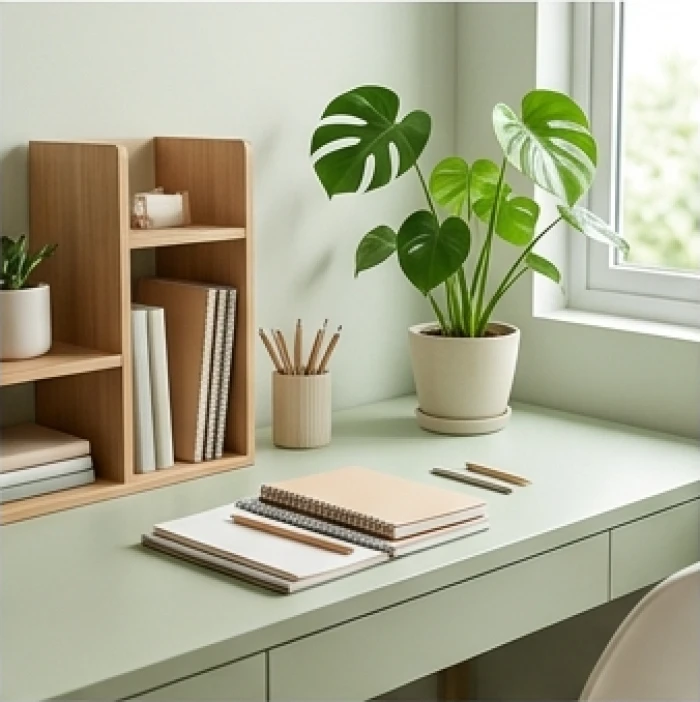 Góc học tập thoáng đãng với bàn gỗ màu xanh lá nhạt và cây xanh để bàn cho học sinh tuổi mậu tý