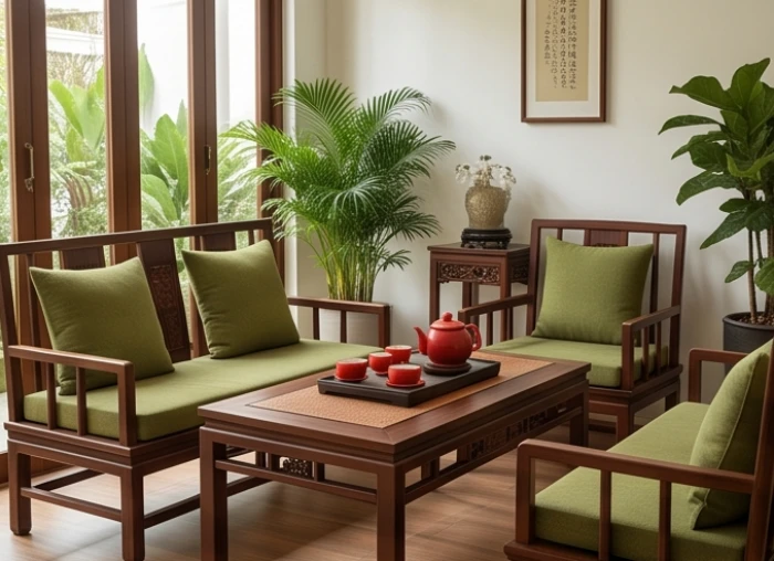 Không gian phòng trà tràn ngập ánh sáng với nội thất gỗ xanh rêu thể hiện màu phong thủy tuổi Mậu Tý 1948