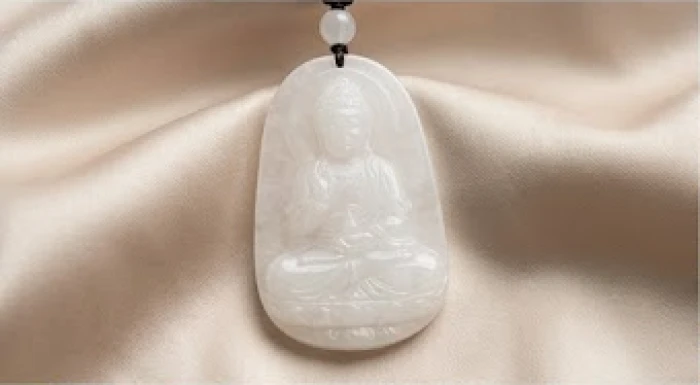 Mặt Phật A Di Đà bằng đá thạch anh trắng trong suốt đặt trên nền lụa