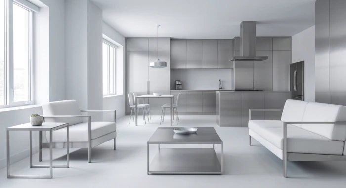 Không gian lạm dụng màu trắng và xám kim loại có thể gây áp lực và cản trở tài lộc đối với mệnh Mộc