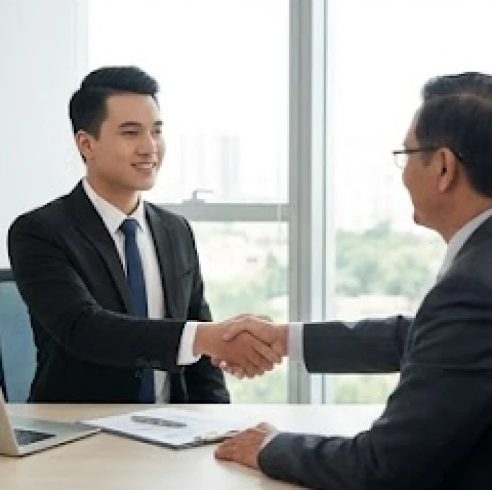 Hai đối tác kinh doanh ký kết thỏa thuận hợp tác mở rộng dự án mới tại văn phòng sáng sủa