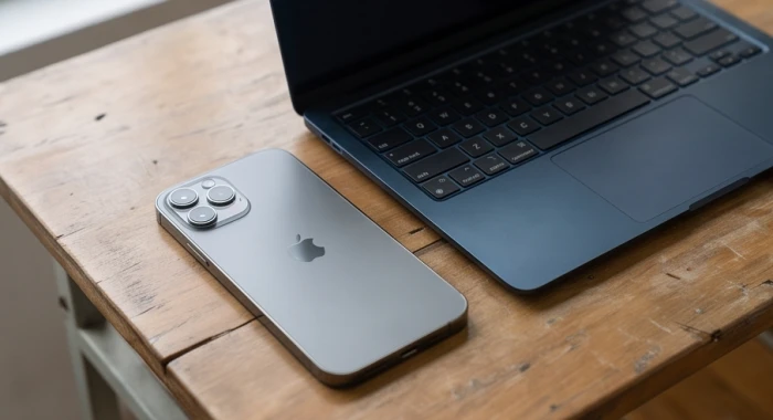 Chiếc điện thoại vỏ xám titan và laptop màu xanh bóng đêm trên bàn làm việc hỗ trợ sự điềm tĩnh cho tuổi Ất Dậu