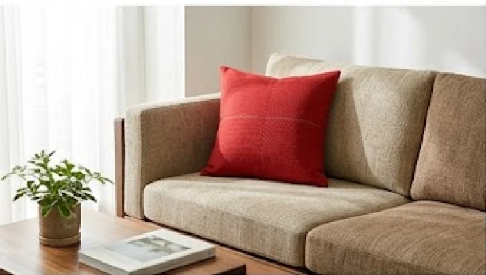 Ghế sofa màu vàng nâu hành Thổ kết hợp cùng gối tựa màu đỏ hành Hỏa sinh động