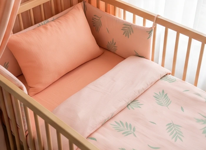 Bộ chăn drap giường màu hồng đào pastel kết hợp họa tiết lá cây xanh mint tinh tế cho phòng bé gái