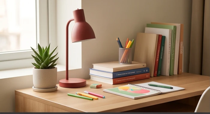 Bàn học bài trí cây xanh nhỏ và đèn bàn màu đỏ gạch hỗ trợ sinh khí cho bản mệnh Tích Lịch Hỏa