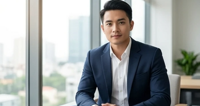 Trang phục nam giới phối màu xanh dương sẫm chủ đạo hài hòa cho nam Đinh Sửu thuộc cung phi Chấn Mộc