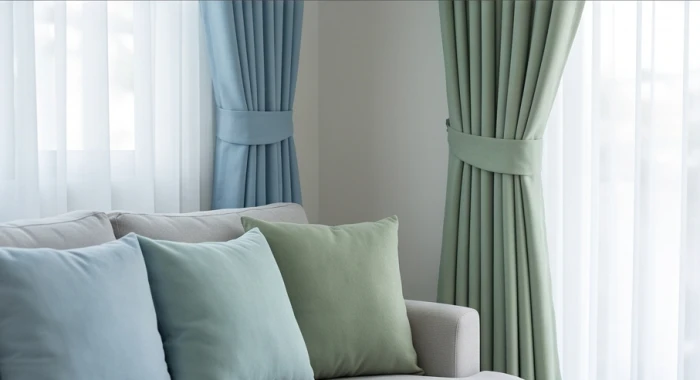 Bộ chăn ga gối và rèm cửa màu xanh dương nhạt trang nhã trong phòng sinh hoạt hợp mệnh Tùng Bách Mộc