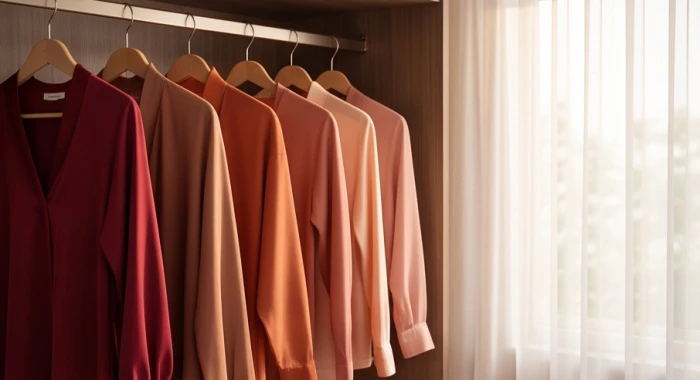 Bộ trang phục sang trọng tông đỏ đô và cam ấm áp giúp tăng cường năng lượng tích cực cho bản mệnh Đại Trạch Thổ