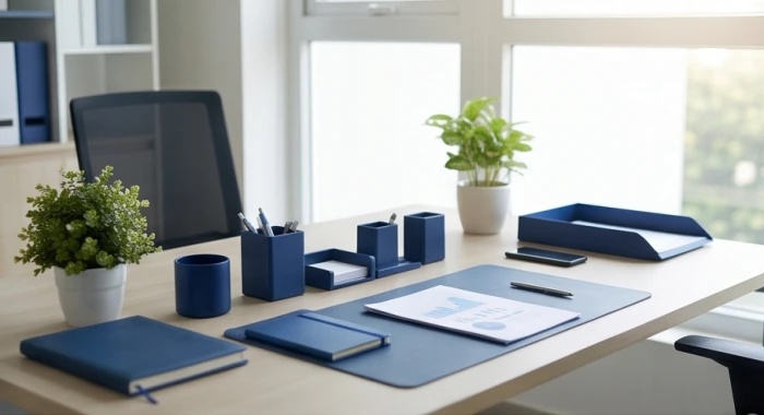 Góc làm việc gọn gàng của người tuổi Tân Dậu bố trí hài hòa với điểm nhấn màu xanh dương và cây lá thảo mộc