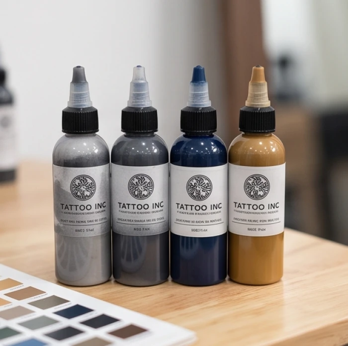 Các lọ mực xăm nghệ thuật màu đen greywash xanh biển và vàng đất đặt cạnh bảng phối màu hợp tuổi tỵ