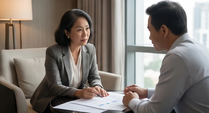 Nữ cố vấn chiến lược đang thảo luận cùng đối tác tại không gian làm việc sang trọng