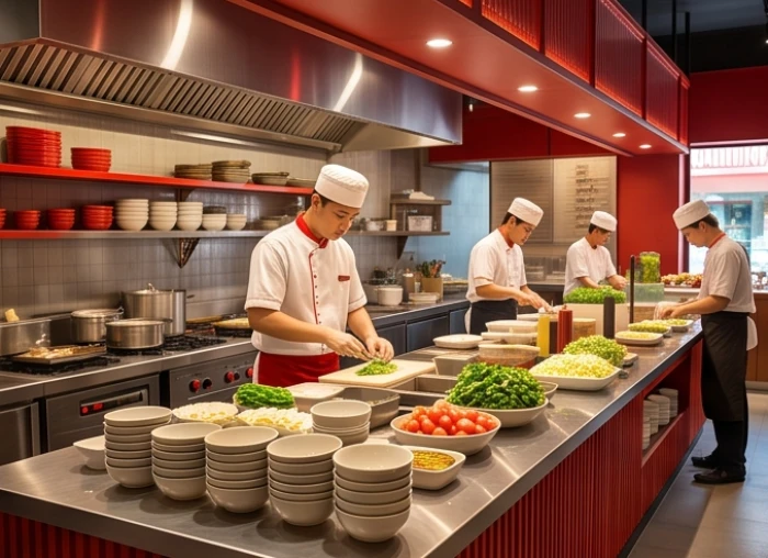 Không gian bếp nhà hàng lẩu nướng sạch sẽ và hiện đại với các điểm nhấn tông màu ấm