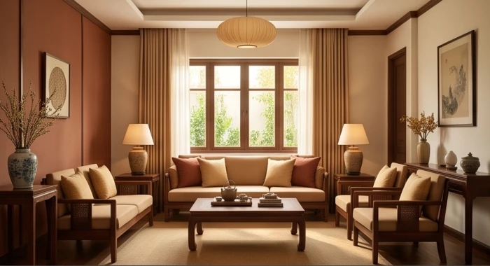 Phòng khách ấm cúng trang trí tông vàng và nâu đất hợp phong thủy mệnh đại trạch thổ nữ kỷ dậu 1969