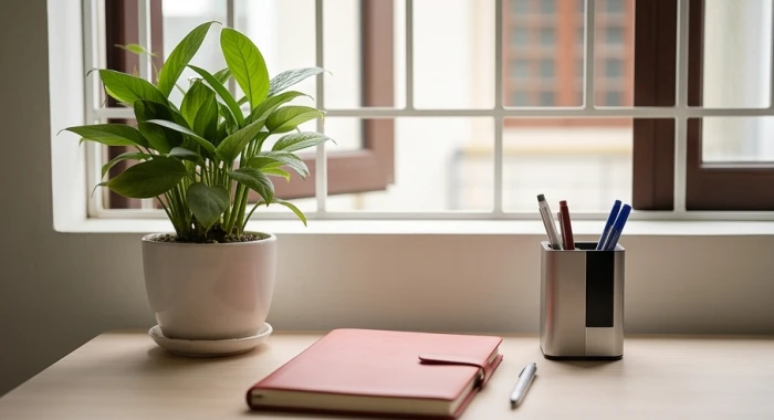 Bàn học của nữ sinh tuổi Kỷ Sửu với cây xanh nhỏ và các đồ dùng học tập tông màu đỏ ấm áp