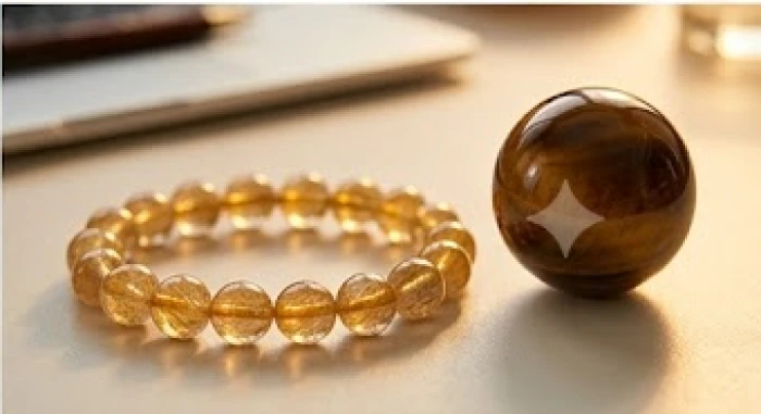 Vòng tay thạch anh tóc vàng lấp lánh đặt cạnh quả cầu phong thủy đá mắt hổ mang năng lượng hành Thổ tương sinh