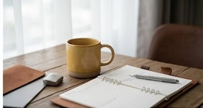 Góc làm việc được trang trí bằng các tông màu vàng sậm, nâu đất và trắng bạc giúp cân bằng năng lượng