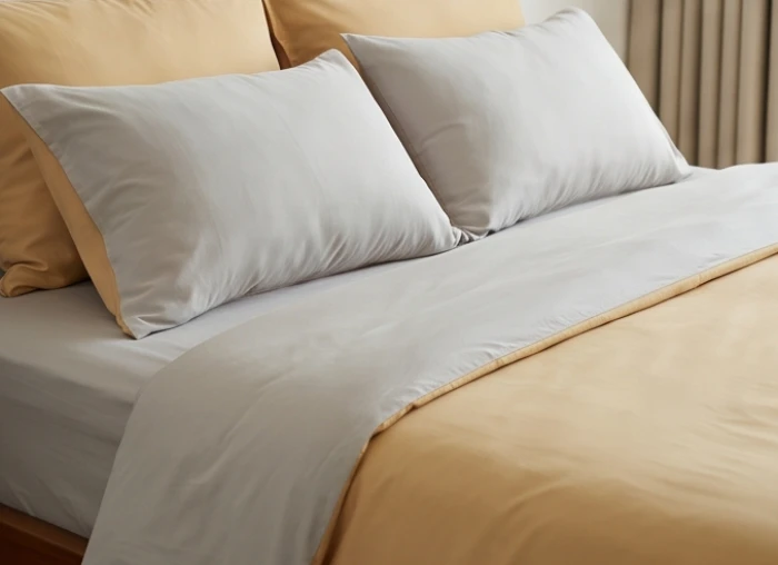 Bộ chăn ga gối đệm chất liệu cotton thoáng khí màu xám nhạt và vàng kem hợp ngũ hành Kiếm Phong Kim trong phòng ngủ