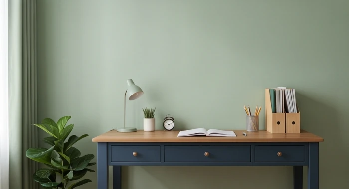 Góc học tập phối tông màu xanh lá và xanh dương hợp bản mệnh Tùng Bách Mộc cho học sinh canh dần 2010
