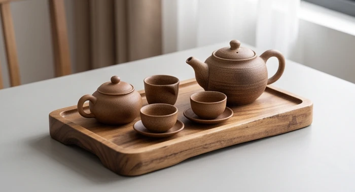Bộ ấm chén uống trà bằng gốm sứ màu nâu đất và khay gỗ mang lại năng lượng tương sinh cho tuổi 1941