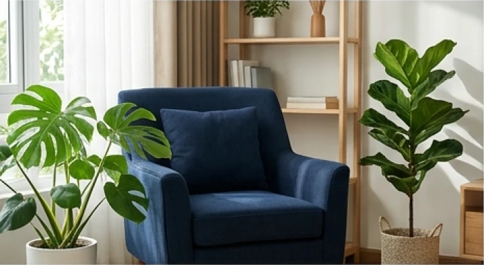 Góc phòng khách trang trí nội thất tông màu xanh dương đậm và xanh lá cây