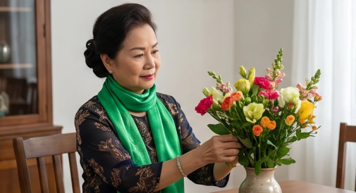 Cụ bà quàng chiếc khăn lụa màu xanh lá cây tươi tắn kết hợp cùng trang phục thanh lịch đang cắm hoa trên bàn