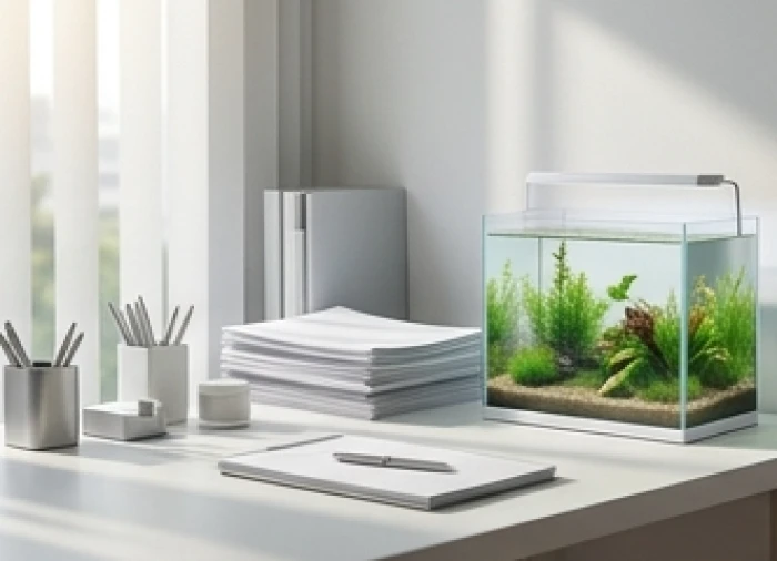 Góc làm việc hiện đại bày trí nội thất tông màu trắng xám cùng bể cá mini hợp mệnh Giản Hạ Thủy