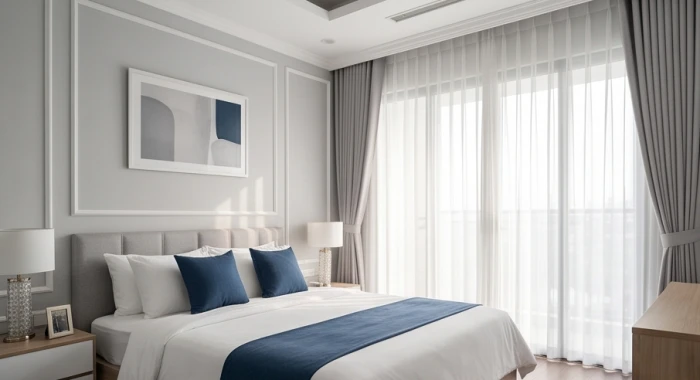 Không gian phòng ngủ hiện đại phối màu trắng xám và xanh dương chuẩn phong thủy cho nữ mạng tuổi ất dậu