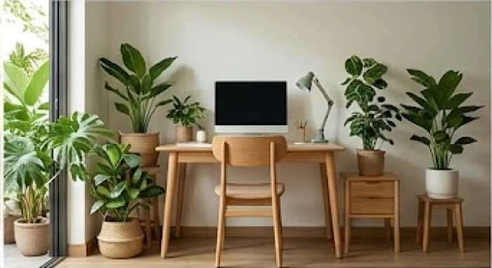 Không gian làm việc bố trí nhiều cây xanh và tông màu lục giúp xoa dịu sự nóng nảy
