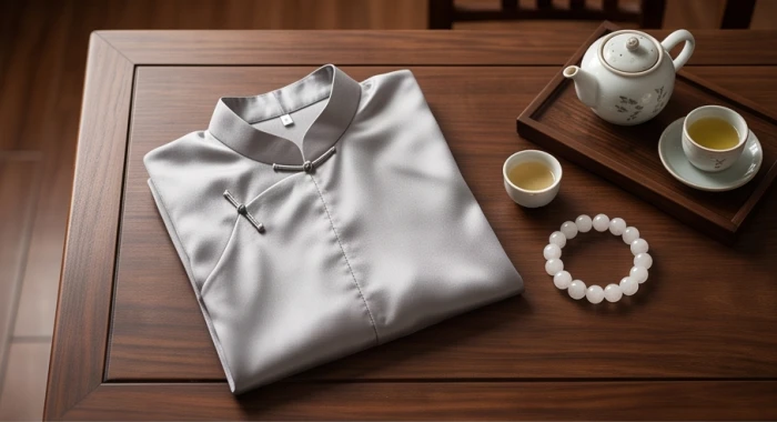 Bộ trang phục lụa cao cấp màu xám bạc cùng vòng tay đá phong thủy hành Kim được bài trí trên bàn trà gỗ truyền thống