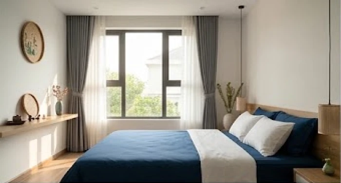 Bộ chăn ga gối đệm màu xanh dương và trắng mang lại năng lượng tương sinh cho không gian phòng ngủ