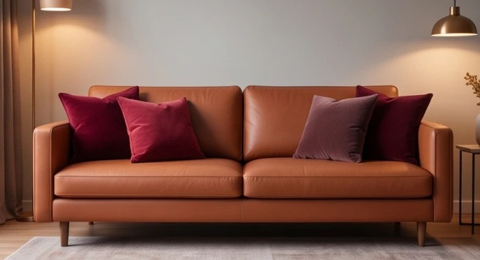 Bộ sofa phòng khách bọc da màu nâu đất kết hợp gối tựa màu đỏ đô ấm áp