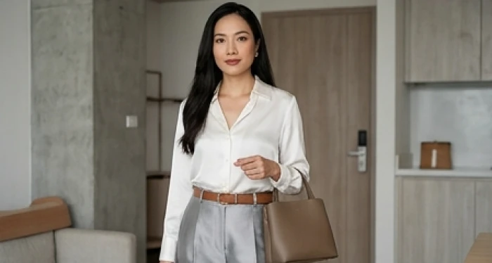 Bộ trang phục tông màu trắng xám bạc kết hợp hài hòa cùng phụ kiện túi xách da màu nâu đất chuẩn phong thủy mệnh Kim