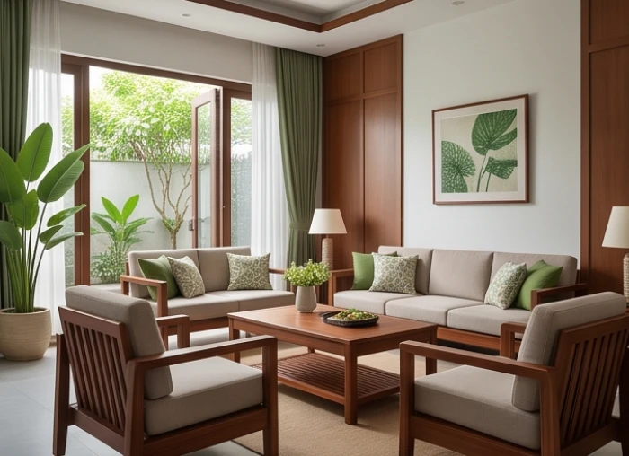 Không gian phòng khách phối màu xanh lá cây tương sinh cho gia chủ nam giới mệnh hỏa 1949