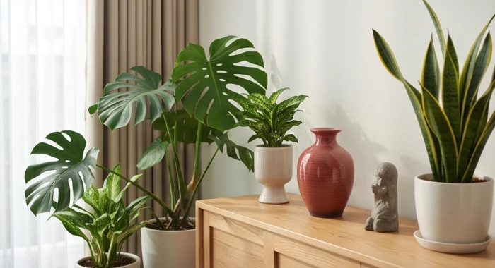 Góc phòng khách trang trí chậu cây xanh lục cùng vật phẩm gốm sứ màu cam đỏ phù hợp bản mệnh Tích Lịch Hỏa